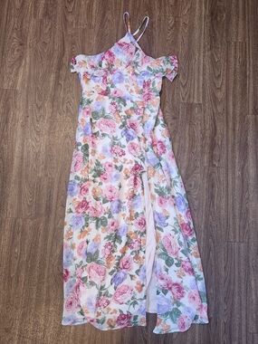 Floral Off-Shoulder Maxi Dress - Pink, Purple & Green Size Large